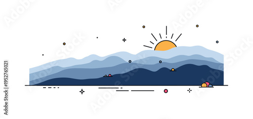 Evening glow over hills layered hill silhouettes fading into the distance with radiant sun halo at the horizon. A hopeful concept illustration about closure of
