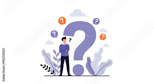 Vector flat design illustration of a man thinking with a large question mark and query icons floating around him in a stylized scene with plants and clouds.