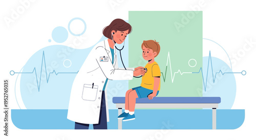 Doctor examining child with stethoscope, pediatric checkup, healthcare concept