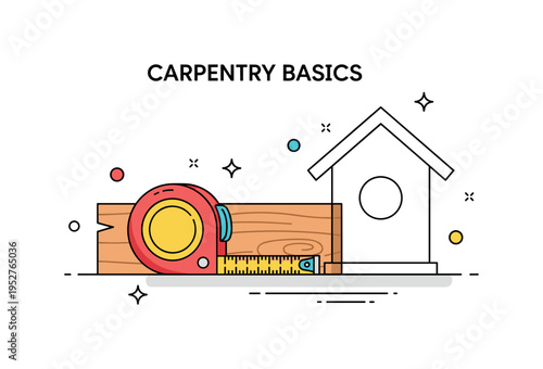 Carpentry basics measuring tape wrapped around a wooden plank next to a small birdhouse outline sketch. A compact educational concept about planning and