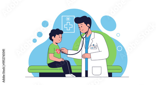 Doctor examining child with stethoscope, healthcare concept illustration