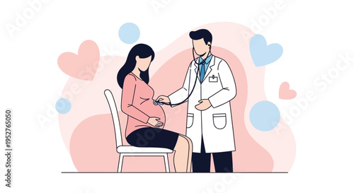 Doctor examines pregnant woman with stethoscope, healthcare, pregnancy check-up, medical care, love hearts background