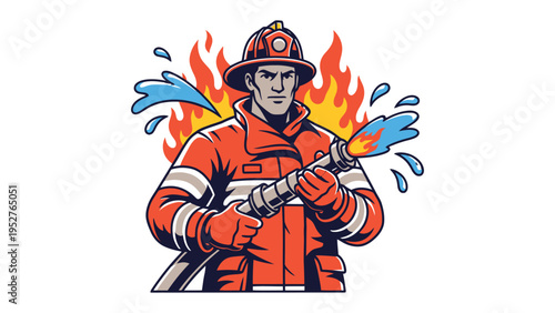 Brave Defender of Flame: A courageous firefighter battling an inferno with unwavering resolve, spraying water to quell the flames and protect those in danger.