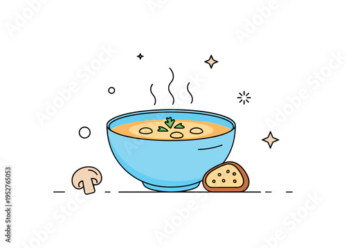 Homemade comfort food concept centered on a steaming bowl of creamy mushroom soup with a small ???? slice and subtle decorative sparkles that evoke warmth and