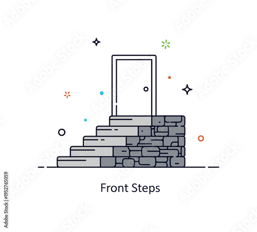 Stone steps urban architecture scene featuring a short staircase leading to a minimal doorway outline, expressing entry and everyday movement. The short phrase
