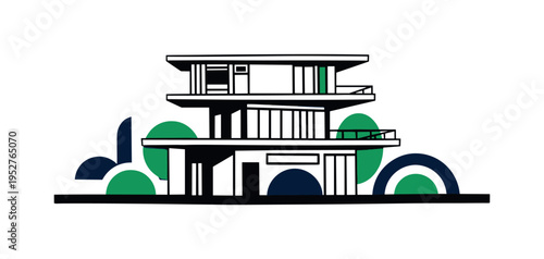 Black and white side perspective of an asymmetrical house with cantilevered upper floor, abstract rectangular blocks and semicircles forming stylized