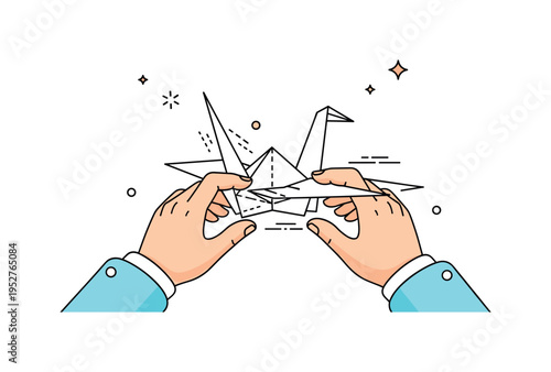 Paper folding origami activity represented by hands shaping a simple crane silhouette, expressing precision and mindful creativity. Small dotted lines hint at