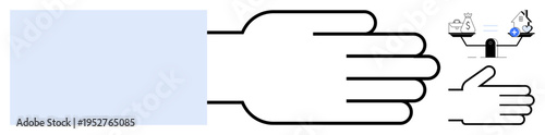 Financial balance concept. Visualizing financial decisions with a hand illustration and a scale showing money and expenses. Financial balance for budgeting, investments, negotiations, and economic