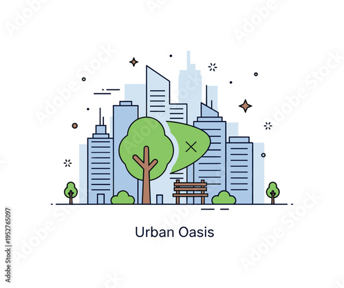 Green cities urban park balance concept with minimal skyscraper silhouettes behind a central tree and bench icon, expressing coexistence of dense development