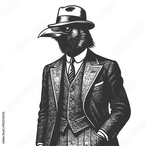 raven-headed figure in a suit, intelligence, mystery, strategy, and dark corporate identity sketch engraving generative ai fictional character vector illustration. Scratch board. Black and white image