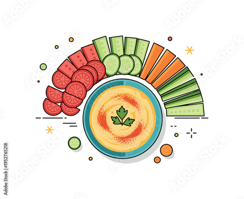 Mediterranean style snack showing a small bowl of hummus topped with paprika and parsley, surrounded by sliced vegetables arranged neatly in a semicircle. The