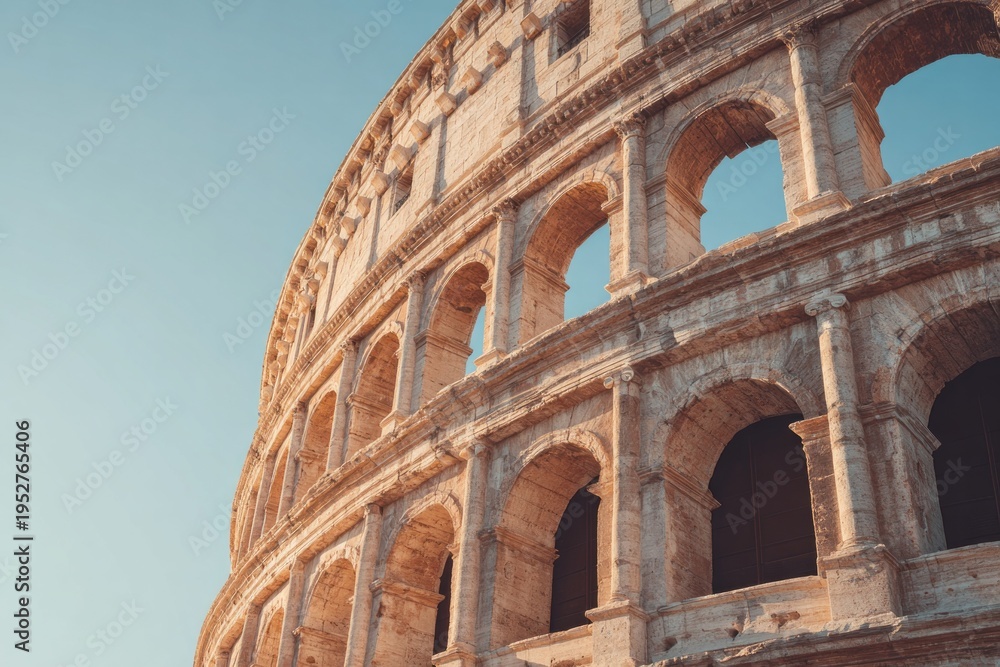 Fototapeta premium Massive ancient stone amphitheater structure rises against a clear pale blue sky
