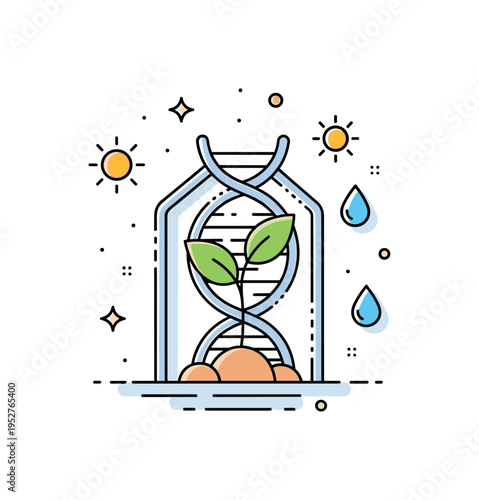 Evolutionary survival in drought conditions represented by a minimal plant sprout protected within a DNA outline, symbolizing inherited resistance to water