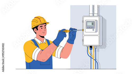 Electrician at Work: An electrician skillfully installs or repairs electrical components with focused determination, demonstrating precision and expertise in his work.