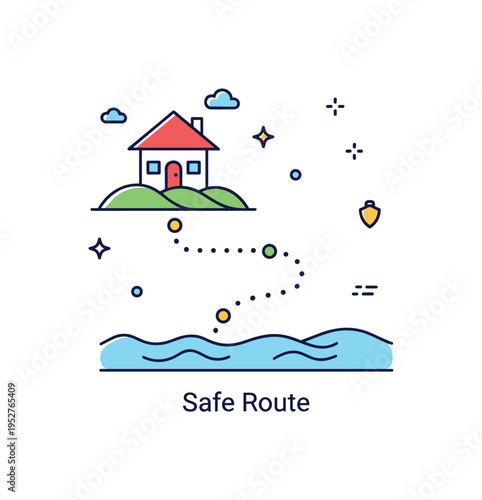 Flooded valley evacuation planning concept featuring a small house icon on higher ground connected by a dotted path from a submerged area,