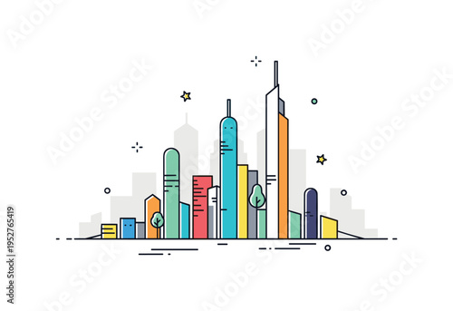 Urban skyline abstraction simplified skyscraper silhouettes formed by vertical bars of varying heights, symbolizing growth and modern city energy. A compact