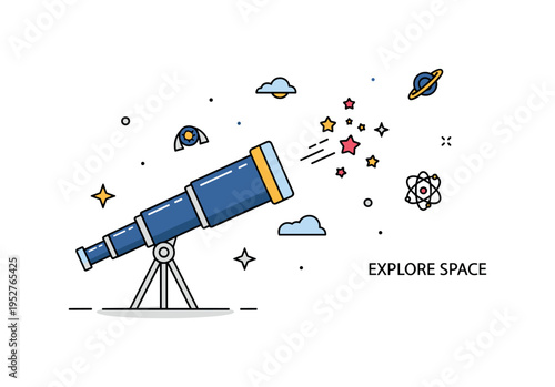 Astronomy study concept centered on a telescope pointed toward a compact star cluster in the sky, expressing observation and scientific curiosity. A subtle