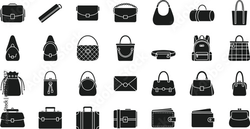 Bag silhouette icons set, handbags, backpacks, briefcases, purses, tote bags, duffel bags, clutches, wallets, fashion accessories vector illustration design