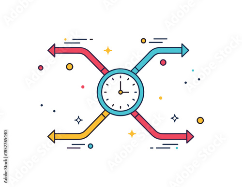 Parallel timeline divergence visualized as two branching paths emerging from a central clock icon, symbolizing alternate realities and split outcomes. The