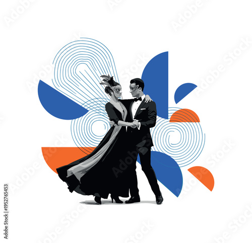 Black and white dancing couple in masquerade masks frozen mid-movement, sweeping semicircles and circular wave patterns around them, cobalt blue and bright