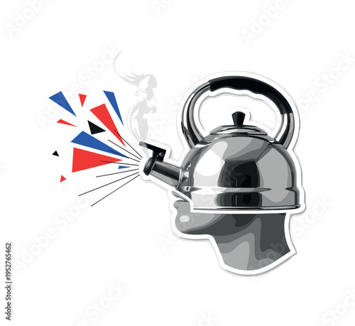 Black and white vintage kettle subtly merged with a human head form, steam transitioning into bold red and cobalt blue abstract fragments, thin horizontal