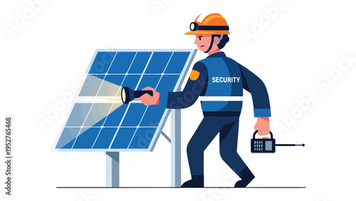 Solar Panel Security: A dedicated security personnel illuminates solar panel with his flashlight, ensuring the integrity and safety of sustainable energy infrastructure.