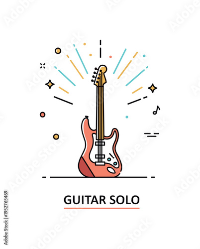 Live concert guitar solo highlight with a stylized electric guitar centered under dynamic light rays, conveying intensity and musical expression. A neat label