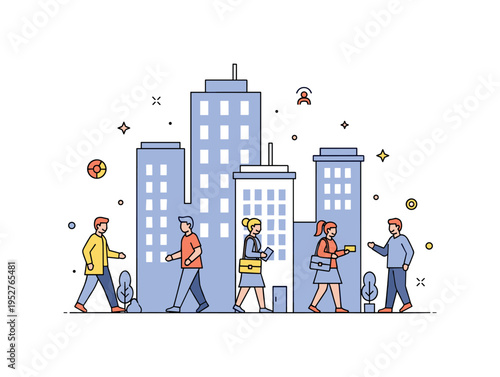 Urban society lifestyle small building silhouettes paired with figures walking and interacting. A balanced editorial illustration about everyday social