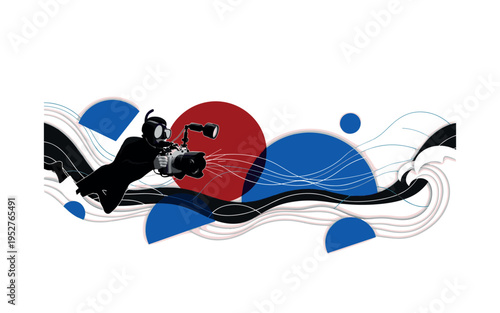 Black and white underwater photographer silhouette surrounded by abstract wave forms, bold deep red circle behind like submerged sun, cobalt blue semicircles