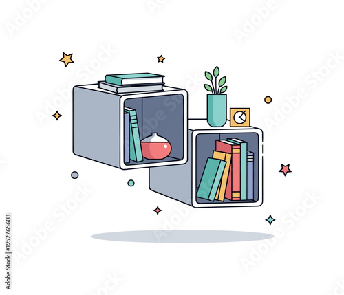 Floating storage cubes geometric wall mounted cubes holding books and a small decor object. A clean concept illustration combining design minimalism with