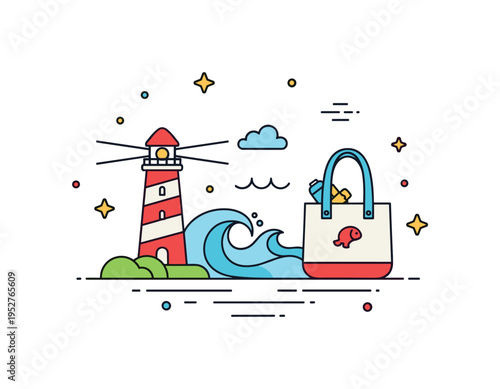 Coastal day trip escape featuring a compact scene with a small lighthouse, gentle wave curves, and a tote bag placed nearby, expressing spontaneous seaside