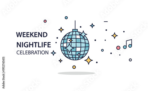 Weekend nightlife celebration badge centered on a disco ball with mirrored facets and small star bursts around it, symbolizing fun, music, and