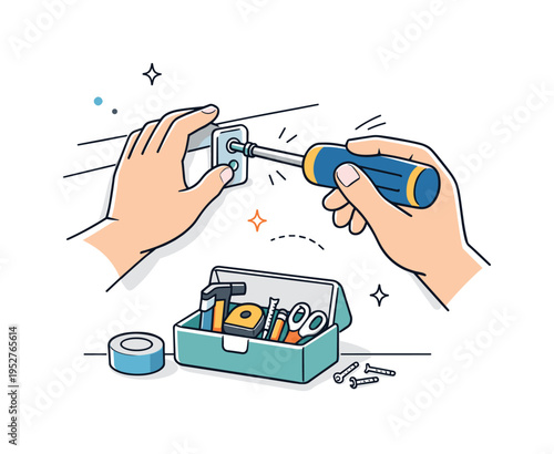Securing curtain rod brackets. Close scene of a person tightening screws on a wall bracket before hanging lightweight curtains, small toolbox neatly arranged