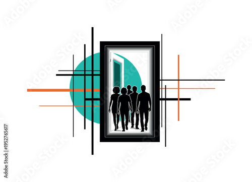 A monochrome open office doorway with silhouettes of different individuals entering together, large flat geometric circle behind representing opportunity, thin