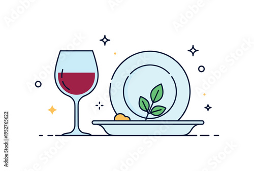 Fine dining arrangement featuring a wine glass, porcelain plate, and a small decorative leaf accent, conveying sophistication, celebration, and curated