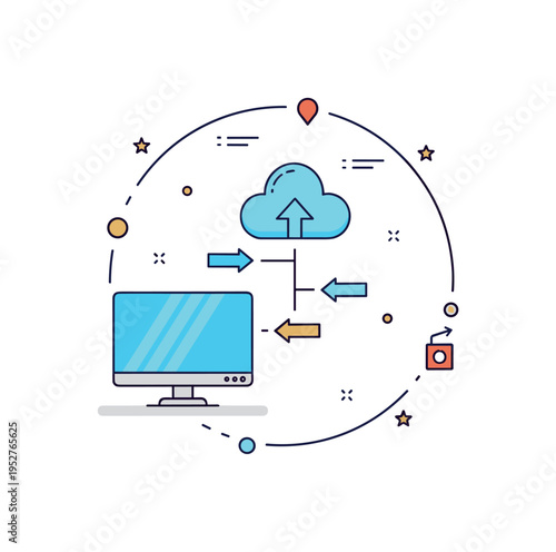 Cloud connected manufacturing dashboard illustrated by a monitor linked to a cloud symbol and small data arrows, representing remote access and centralized