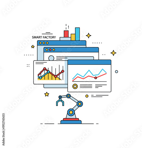 Smart factory performance metrics concept shown through layered screens with trend lines and small robotic arm icon beneath, symbolizing automation monitored
