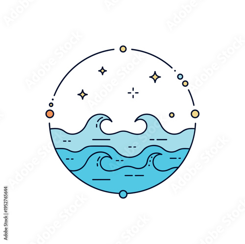 Tranquil ocean meditation concept shown as calm symmetrical waves framed within a soft circular outline, symbolizing inner balance and mindfulness. Tiny star