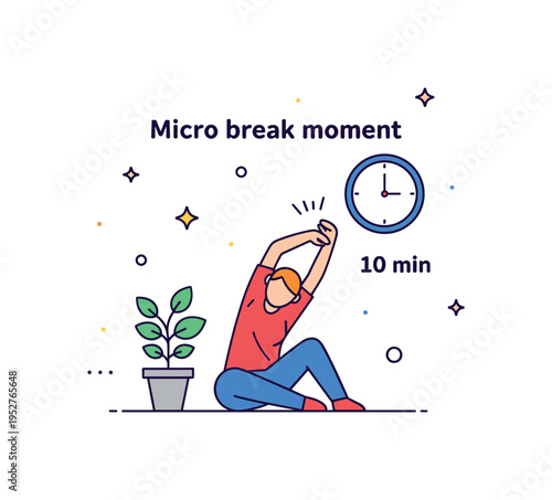 Micro break moment seated figure stretching gently beside a small desk plant and clock labeled min, expressing short intentional pauses that restore focus and