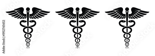 Three black caduceus icons with wings and snakes, isolated on white background, suitable for medical logos, healthcare design projects, pharmaceutical materials, and professional medical publications.