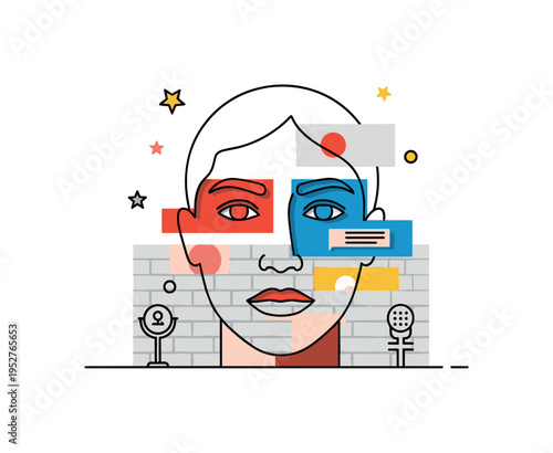 Stencil art concept illustrated by a face outline and cutout shapes layered over a minimal wall background, representing political commentary and social voice.