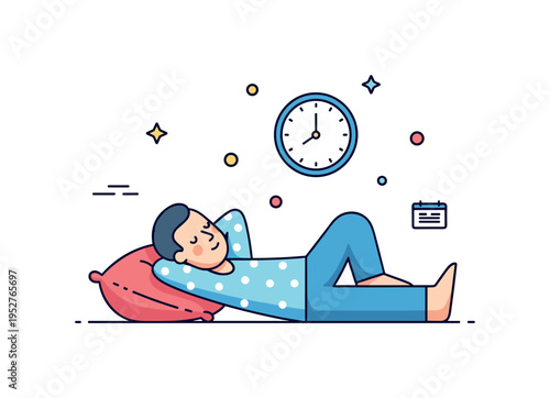 Pajama day at home lazy weekend concept illustrated by a comfy figure lying on a soft cushion with a small clock icon suggesting free time. A playful and
