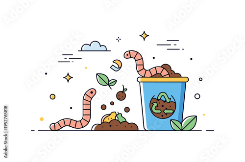 Composting worms transforming organic scraps into nutrient rich soil shown with a tiny compost bin and subtle leaf accents, expressing sustainability and eco