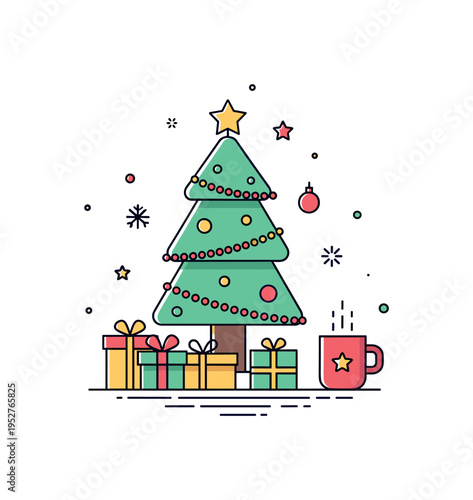 Cozy Christmas morning scene decorated tree with a few neatly wrapped gifts beneath and a steaming mug nearby, expressing warmth and comfort. A gentle concept