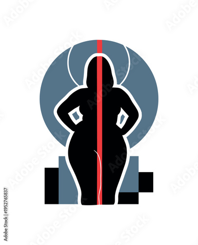 Black and white plus-size silhouette standing confidently, large muted blue circle behind like empowering halo, thin red vertical stripe dividing imposed