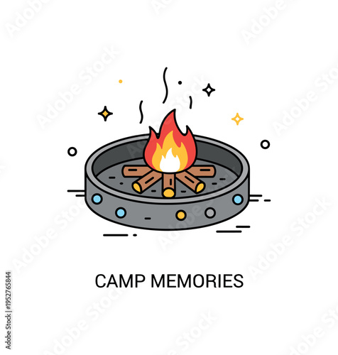 Cinder campfire remains shown as a simple circular fire pit with faint glowing fragments inside. A compact ?Camp Memories? caption highlights outdoor warmth