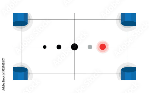 Black and white minimal messaging interface layout with three dots gradually expanding along center line, bright red circular accent highlighting final dot,