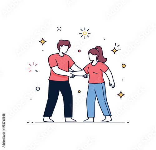Movement therapy session centered on a calm instructor guiding a participant with simple flowing gestures and subtle spark icons representing progress and