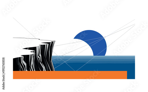 Black and white cliff edge overlooking simplified ocean, deep blue circular sun partially cropped by frame edge, bright orange rectangular base forming stable