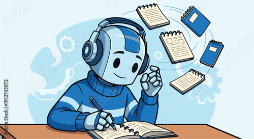 A cute cartoon robot wearing headphones writing in a notebook while digital documents float in the background for study